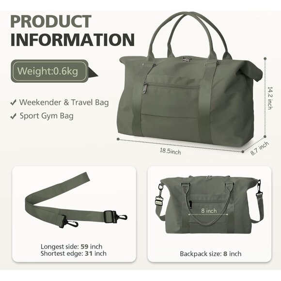 Women Men Green Waterproof Carry On Tote Travel Duffle Bag with Trolley Sleeve - Picture 4 of 7